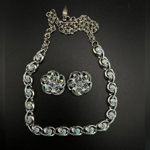 Vintage Silver-Tone Aurora Borealis Necklace and Clip-On Earrings Set - Picture 2 of 5